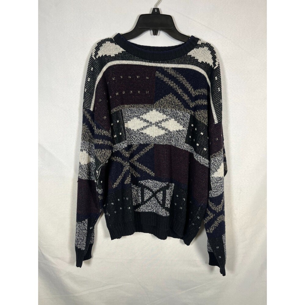 Vintage 90s Bugle Boy Navy Gray Geometric Pullover Sweater Grandpa Size Medium